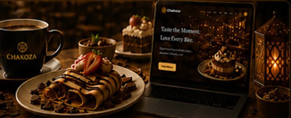 Chakoza's crêpe plate and branded mug beside a laptop showing the Chakoza website, with a lit lantern.
