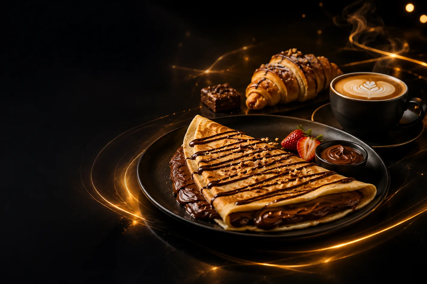 Chakoza: a Nutella crêpe with strawberries, a chocolate-drizzled croissant, a brownie and a latte in warm light.