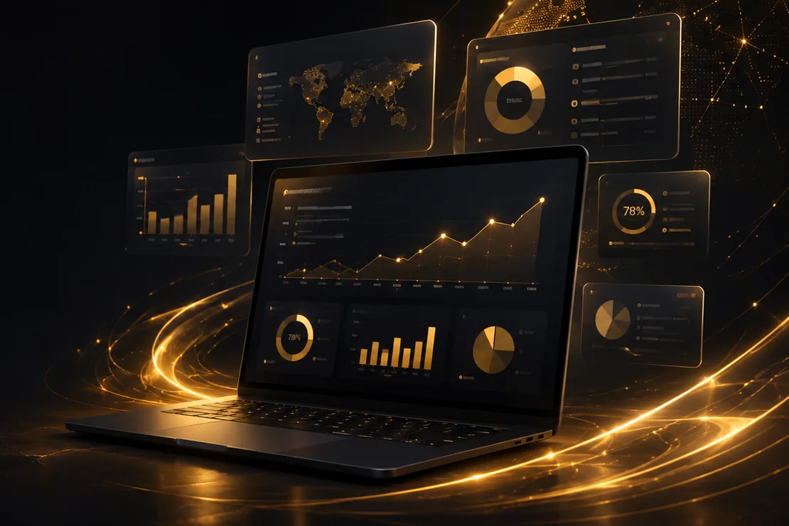 A business-analysis dashboard showing a growth trend line, market panels, and financial breakdown charts.